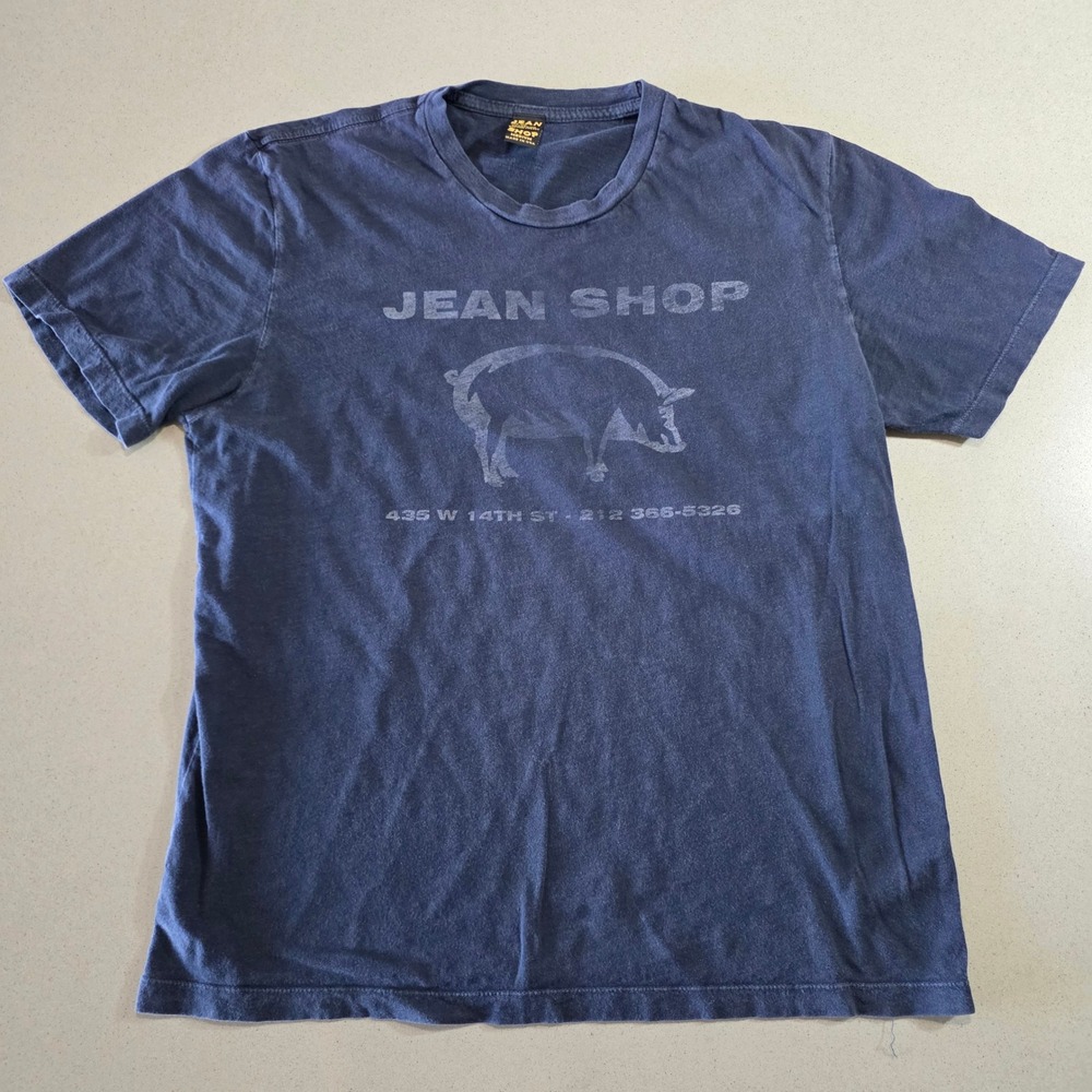 Jean Shop Men Graphic T-Shirt Medium Blue Pig Logo NYC Made in USA Cotton Jersey